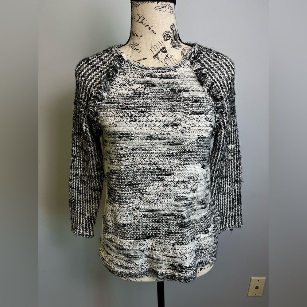 ANTHROPOLOGIE Moth black and white marled textured fringe chunky knit sweater XS